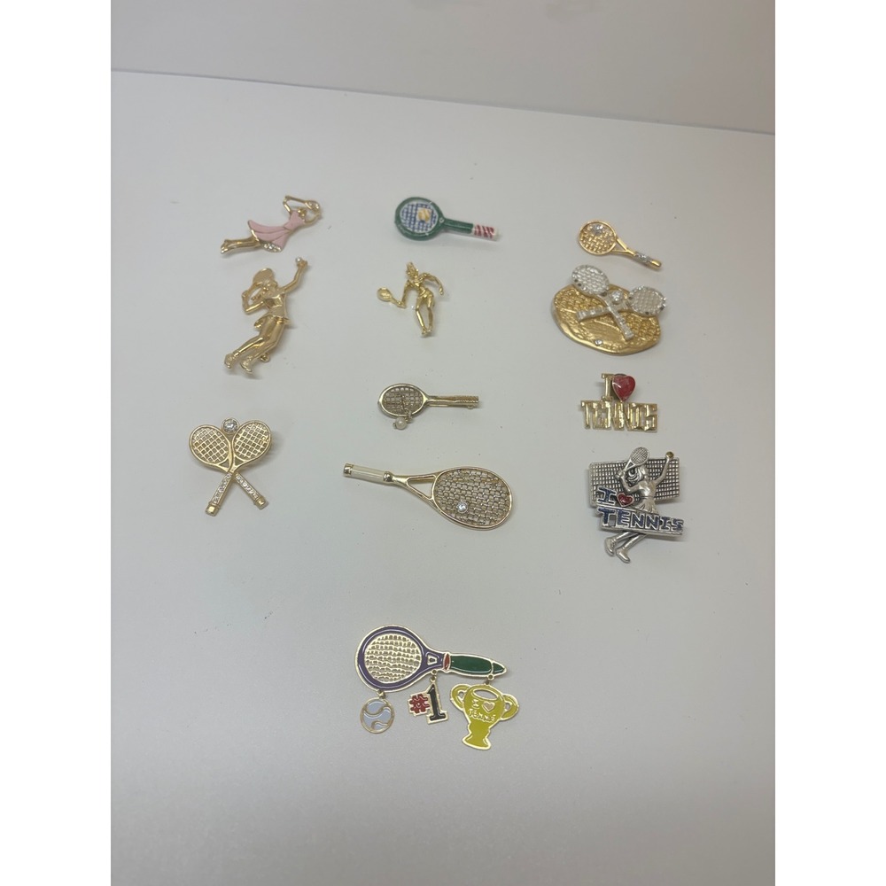 Vintage Tennis Brooch Pin Lot 12 piece Gold Silver Tone Rhinestone Enamel Sporty